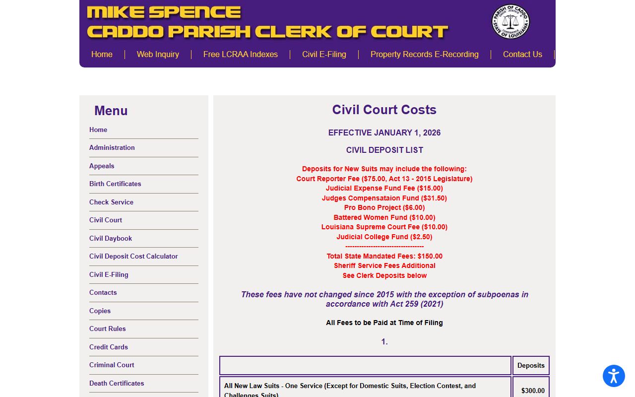 Caddo Parish Clerk of Court civil court costs source
