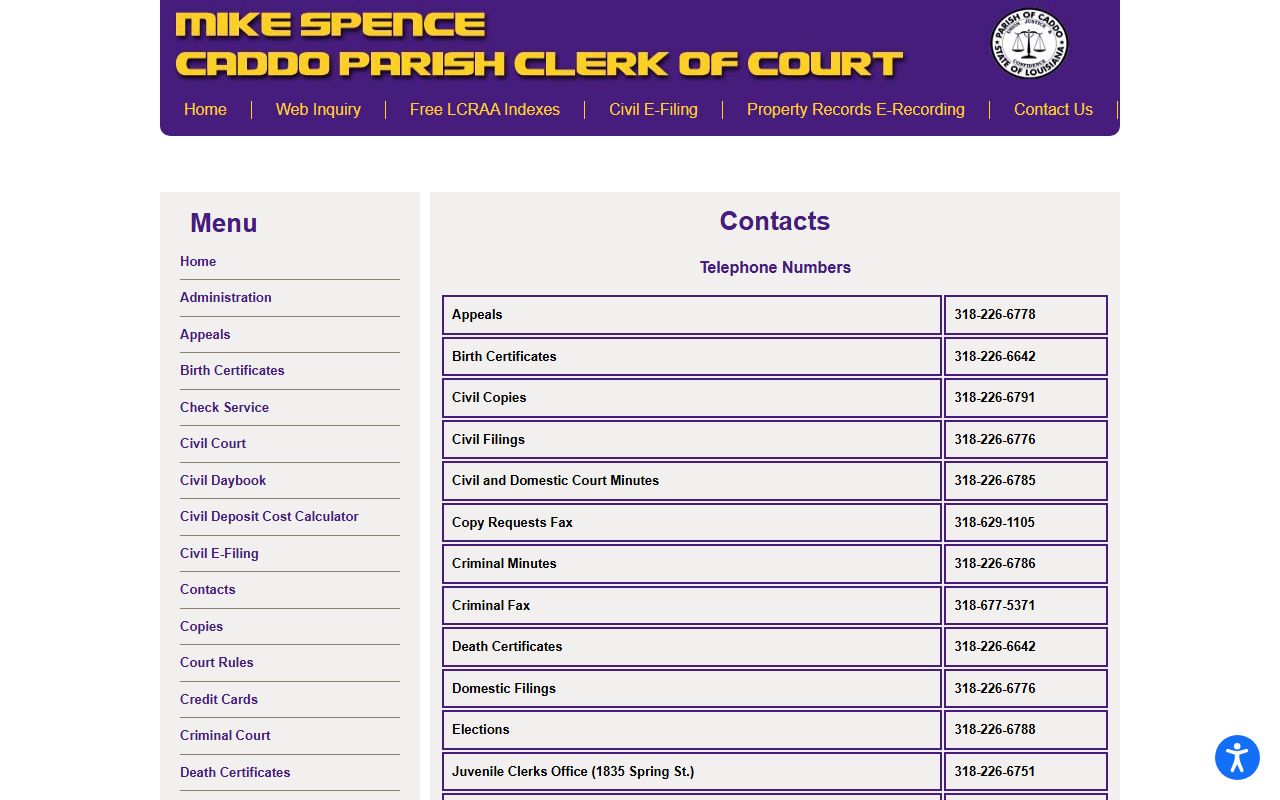 Caddo Parish Clerk of Court contact directory source