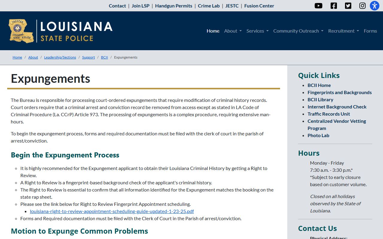Caddo Parish arrest records Louisiana State Police expungement resources