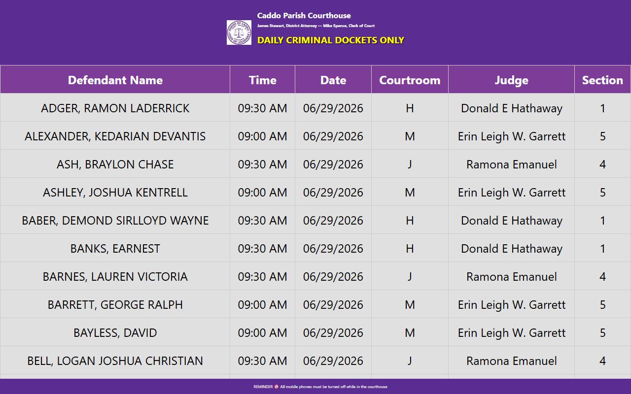 Caddo Parish court dockets daily criminal docket