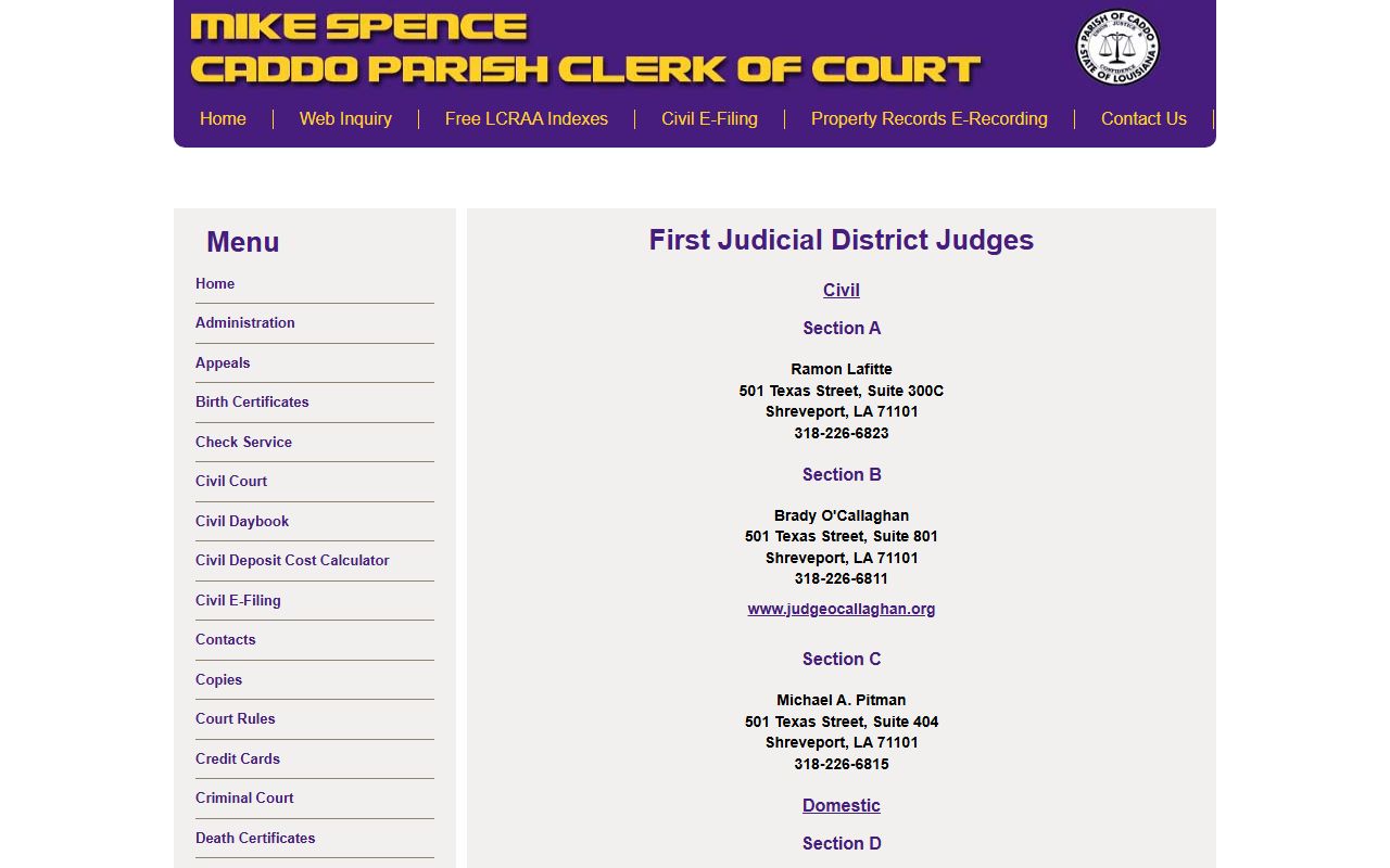 Caddo Parish court dockets First Judicial District Court judges and sections