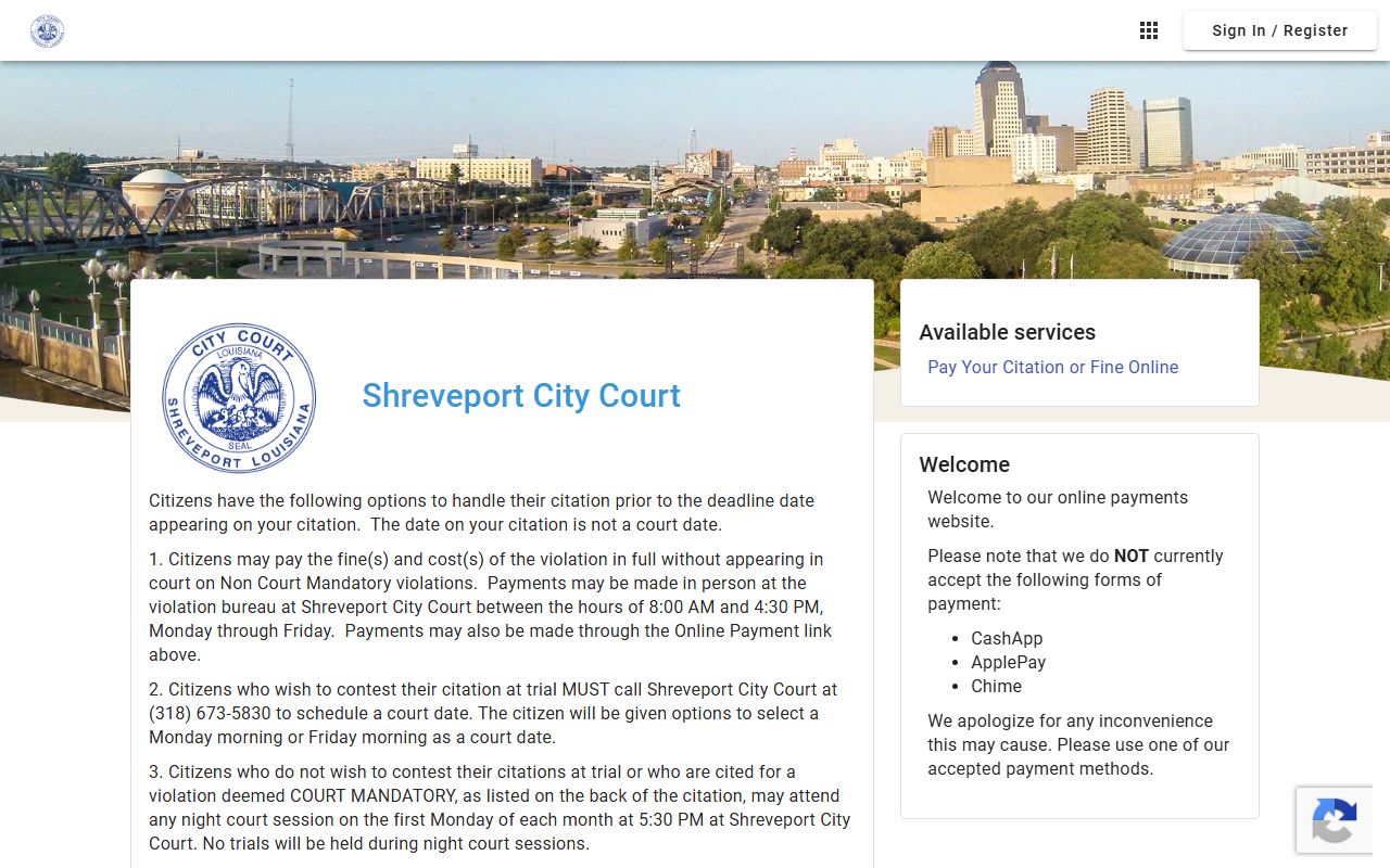 Caddo Parish traffic court records Shreveport citation payment portal